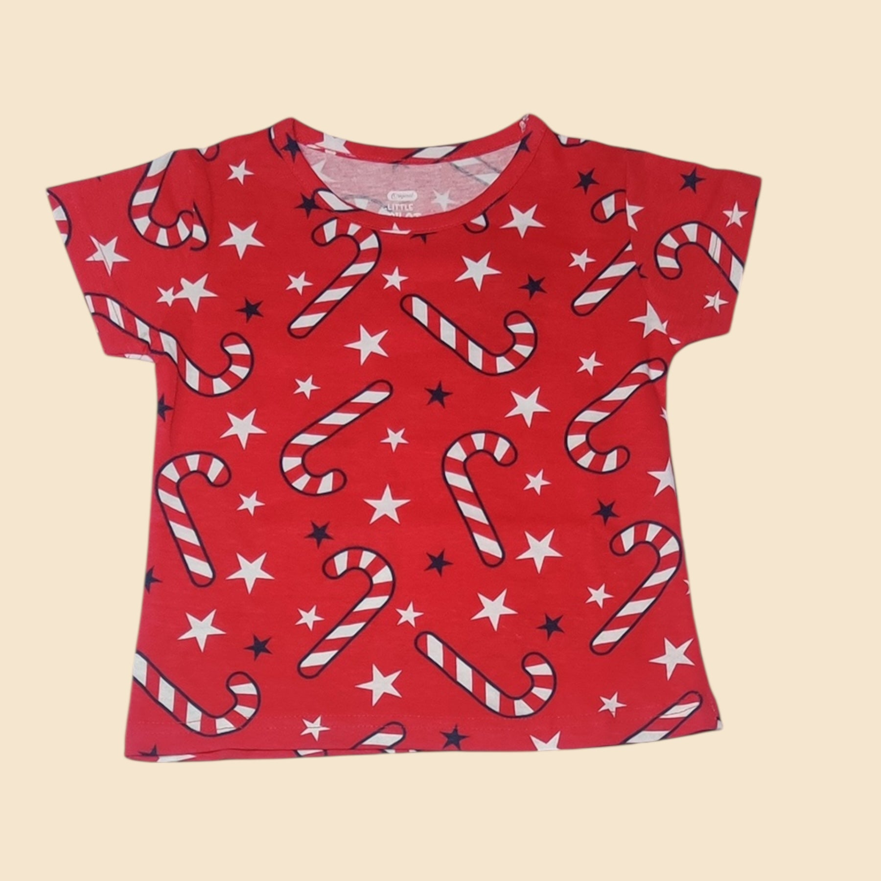 Baby girl red cotton t-shirt with candy cane and star print