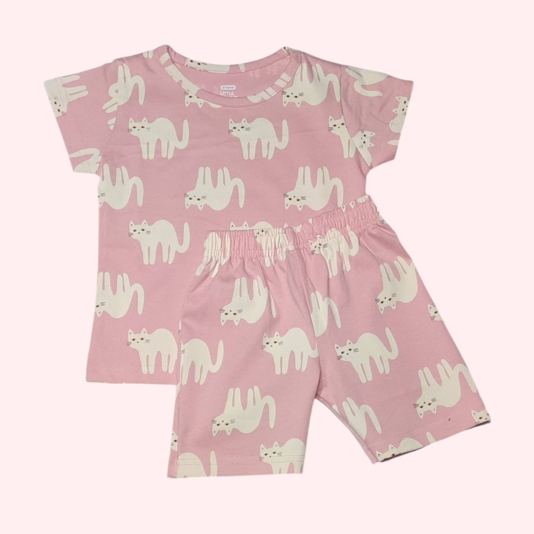 Baby girl pink cotton clothing set with white cat print