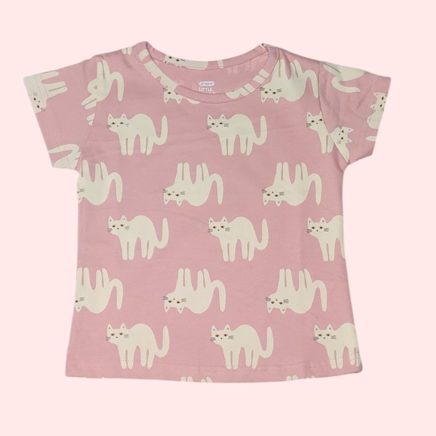 Baby girl pink cotton t-shirt with white cat print