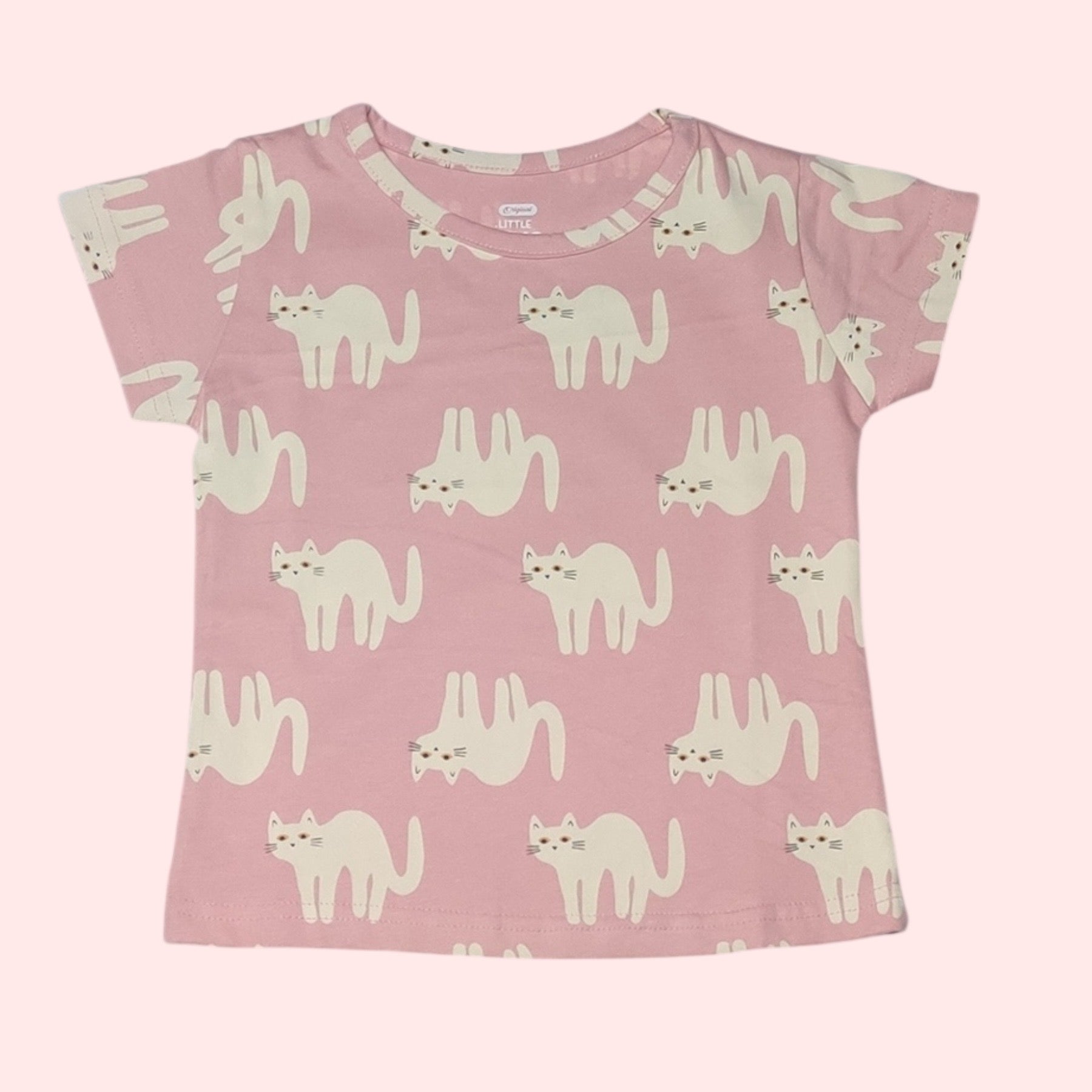 Baby girl pink cotton t-shirt with white cat print