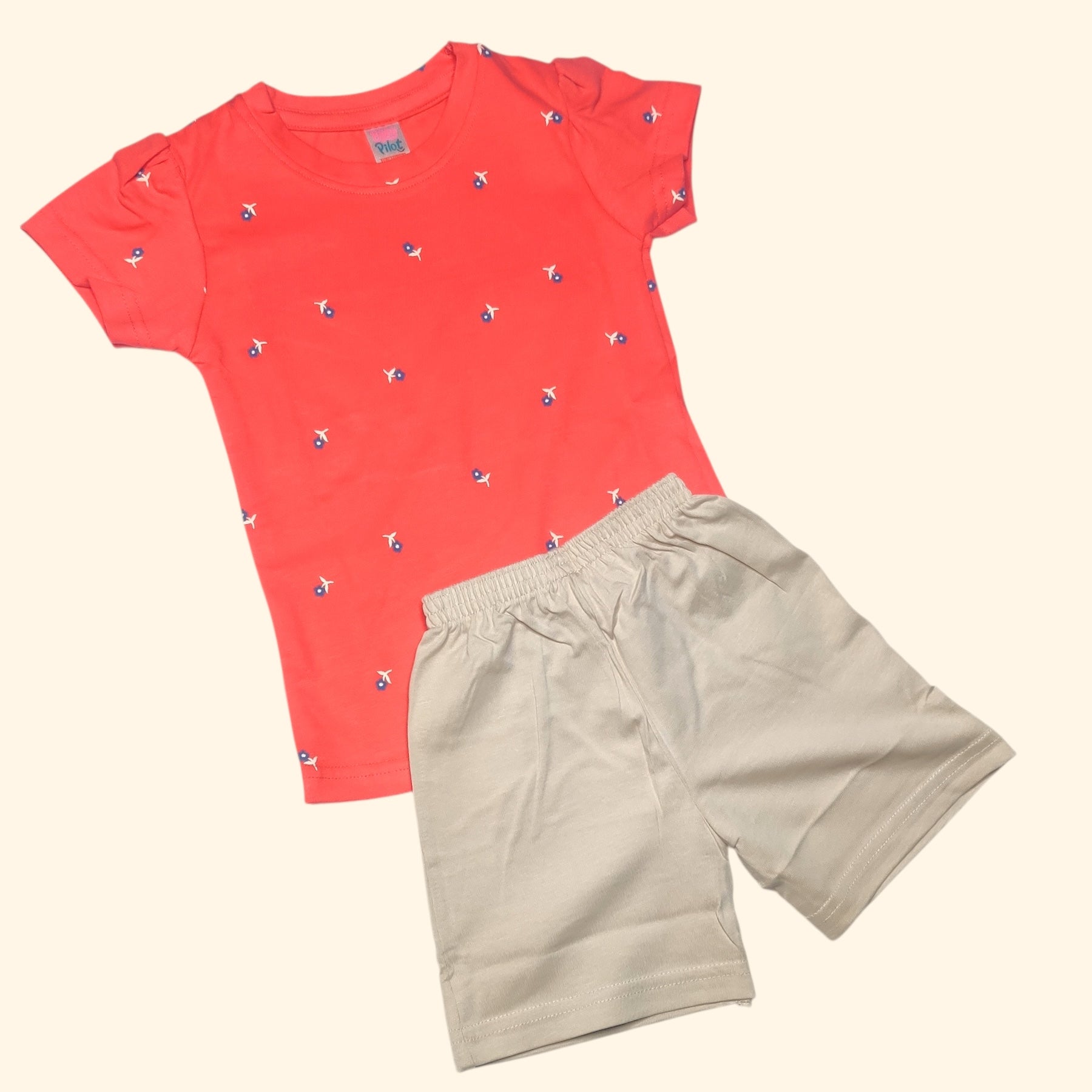 Baby girl cotton clothing set with ditsy print t-shirt and beige shorts