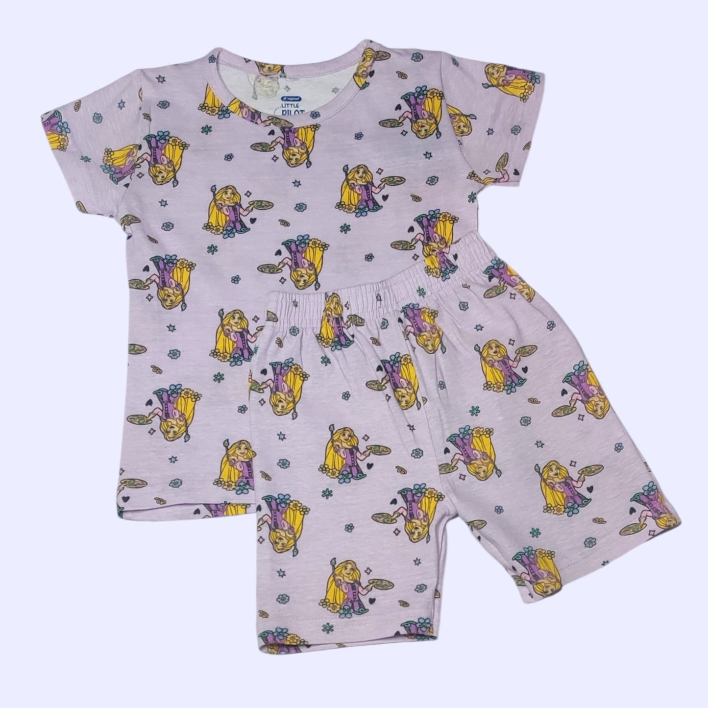 Baby girl cotton clothing set with lavender fairy print t-shirt and shorts