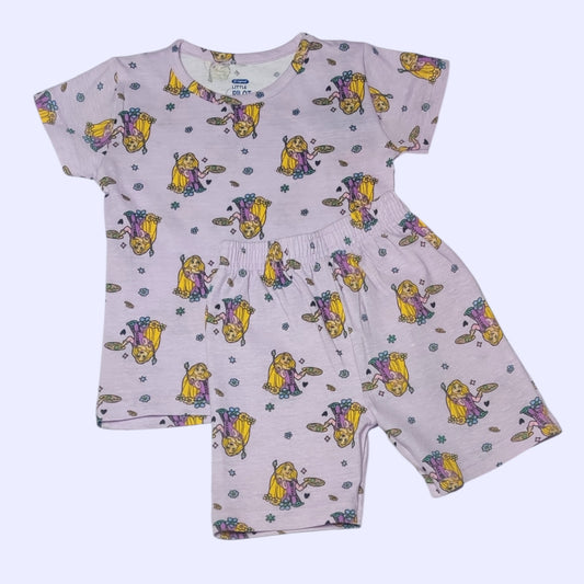 Baby girl cotton clothing set with lavender fairy print t-shirt and shorts