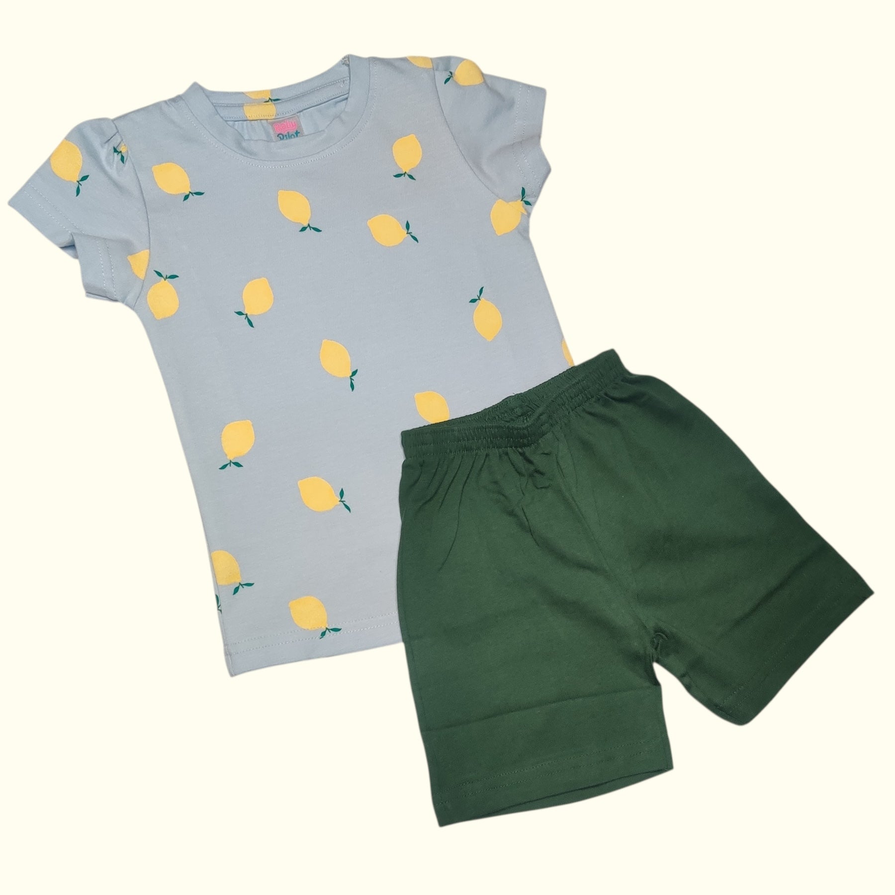 Baby girl lemon print cotton clothing set – ice blue t-shirt and green shorts