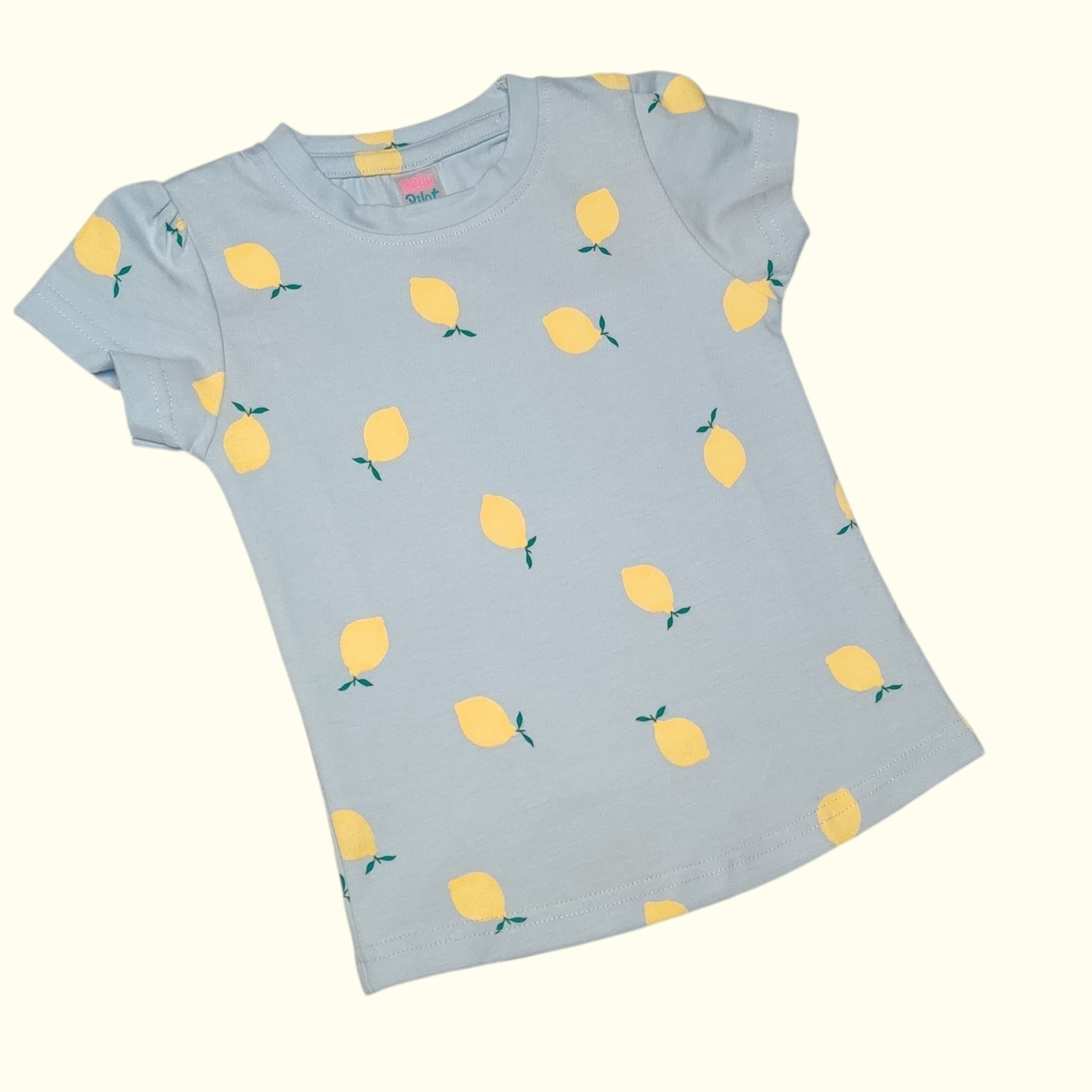 Baby girl cotton t-shirt in ice blue with lemon print