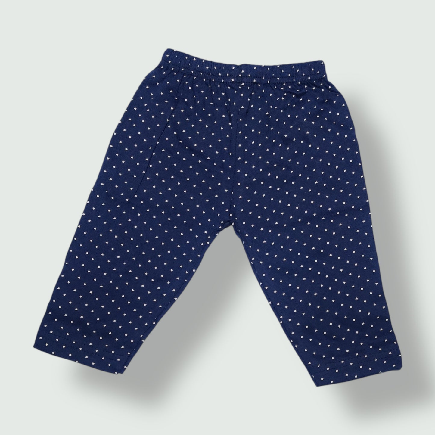 Midnight navy cotton baby pant with dot prints front view