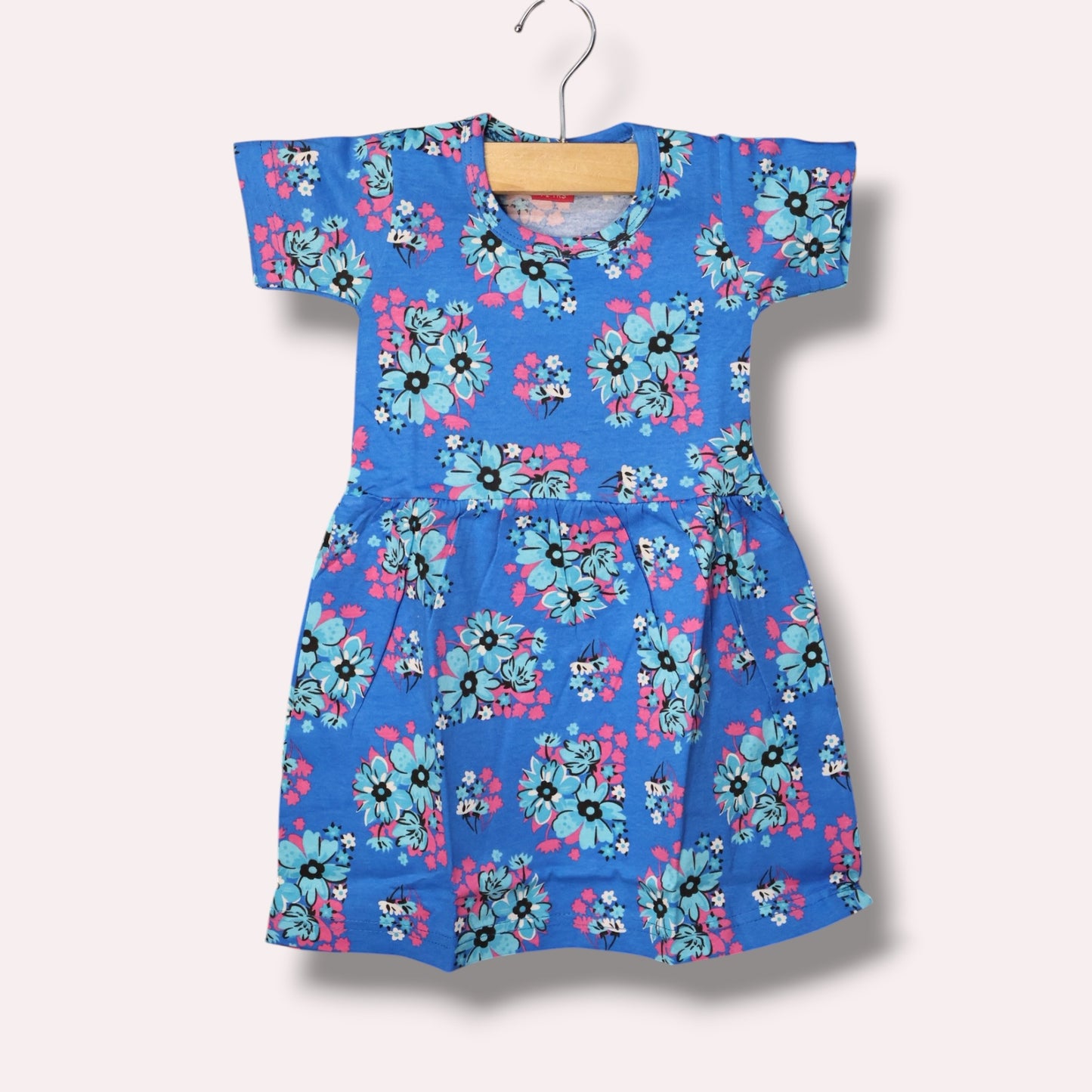 Blue baby short sleeve frock with light blue and pink floral printed design