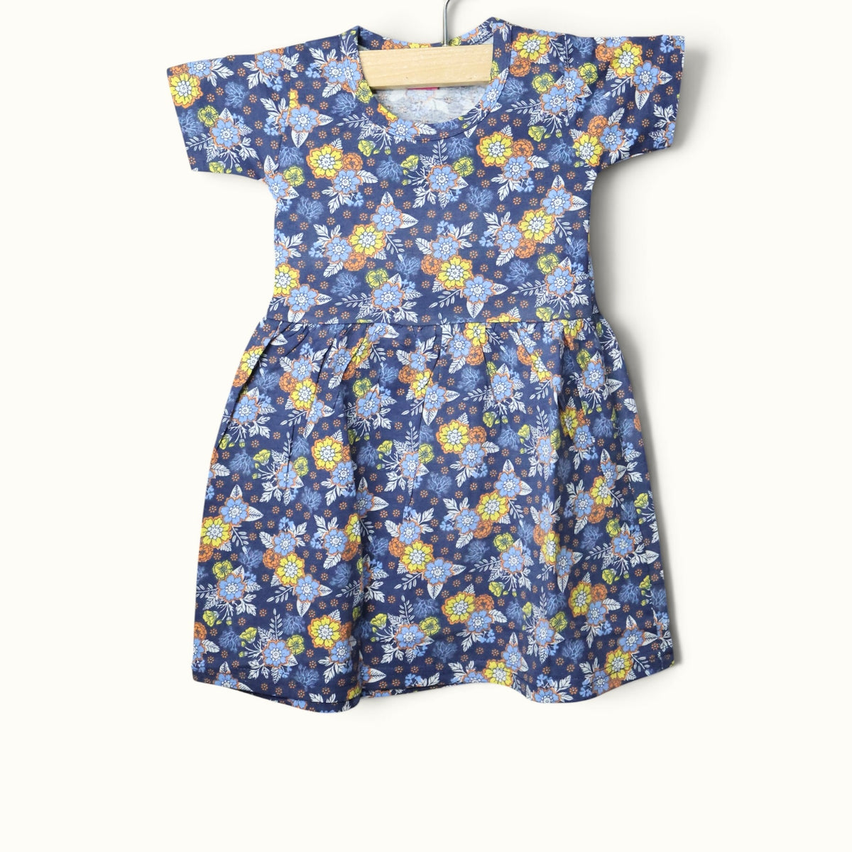 Dusty blue baby short sleeve frock with colorful floral printed design.