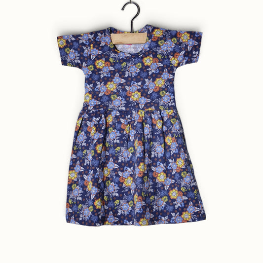 Dusty blue baby short sleeve frock with colorful floral printed design.