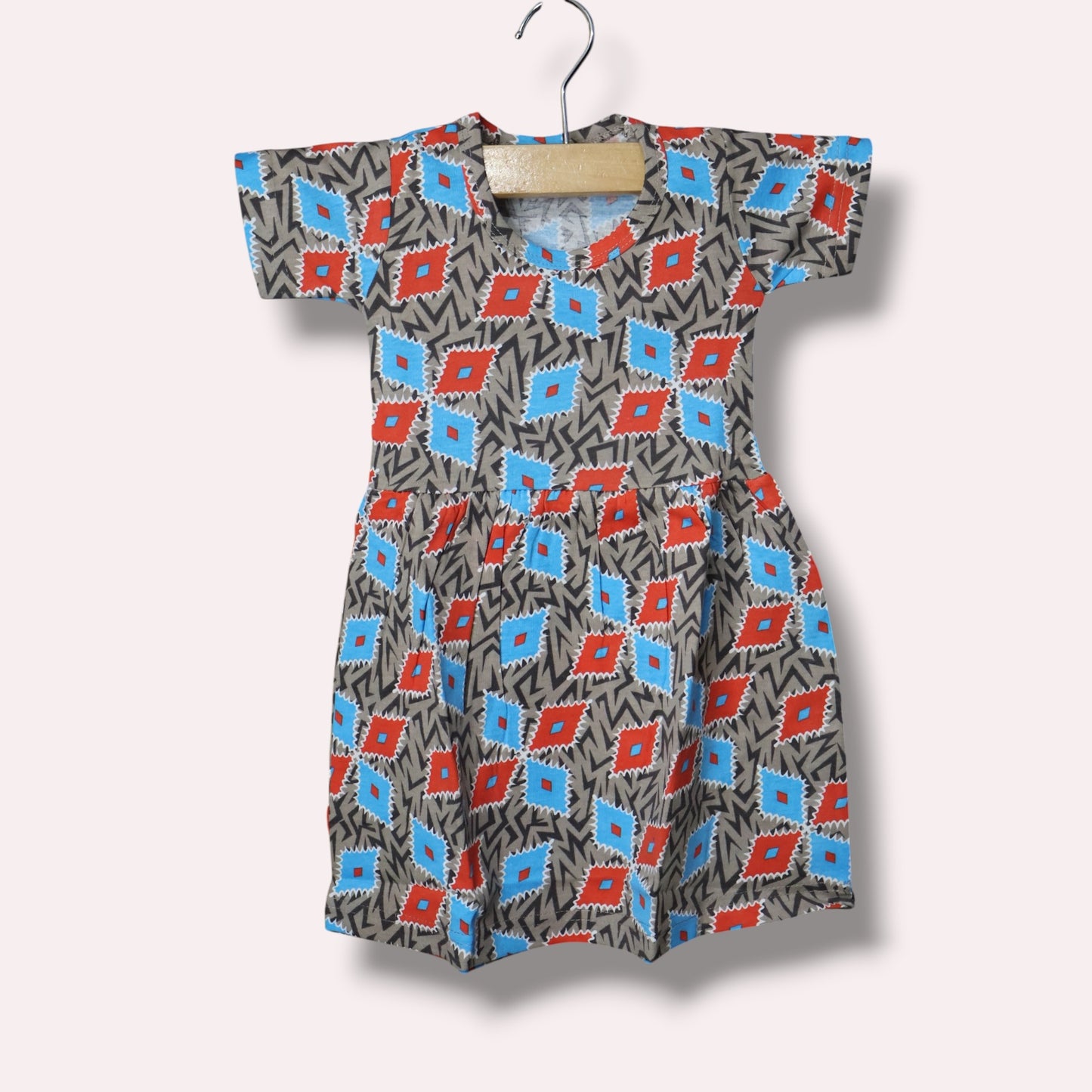 Multicolor baby short sleeve frock with geometric printed design