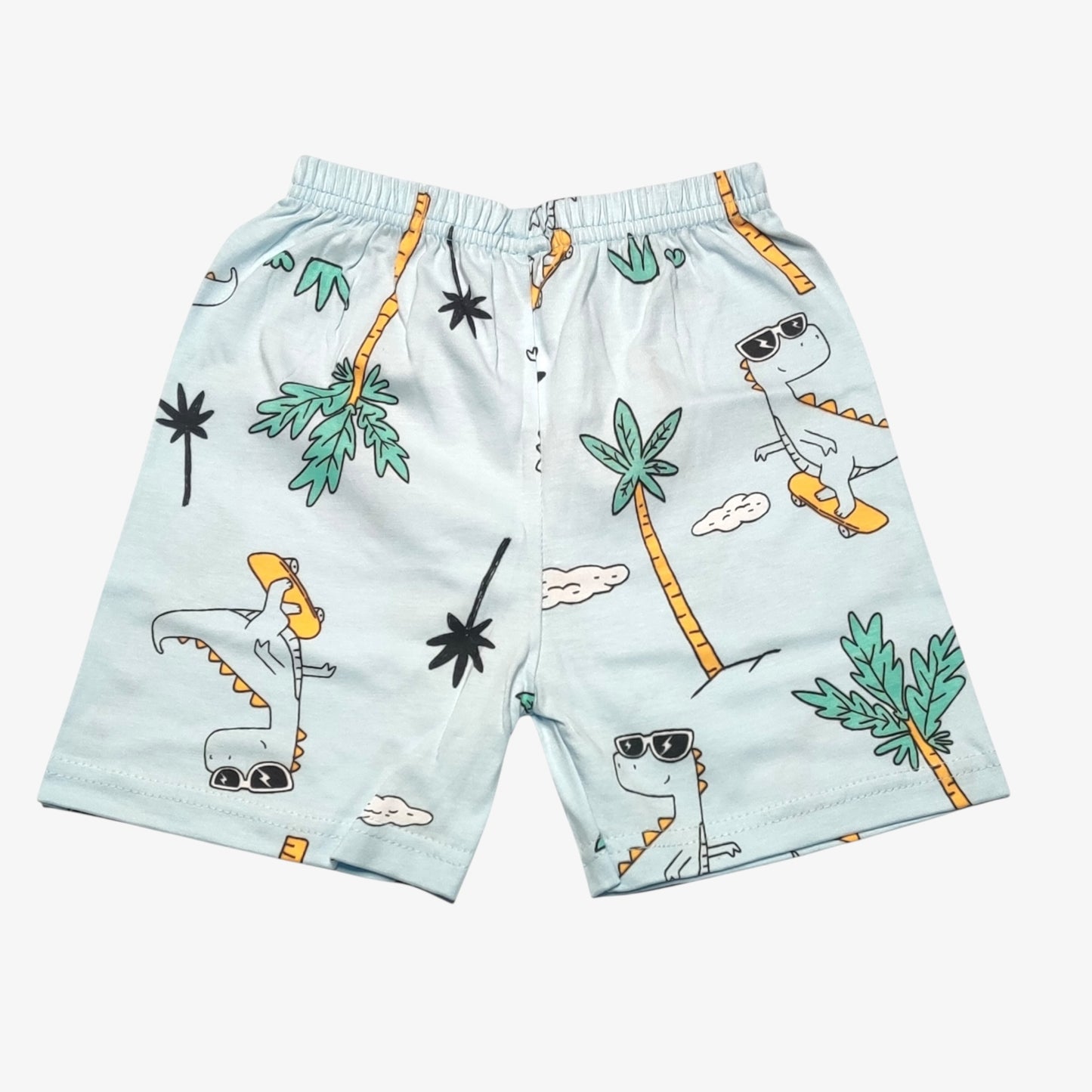 Cloud blue baby shorts with printed dino and palm tree design