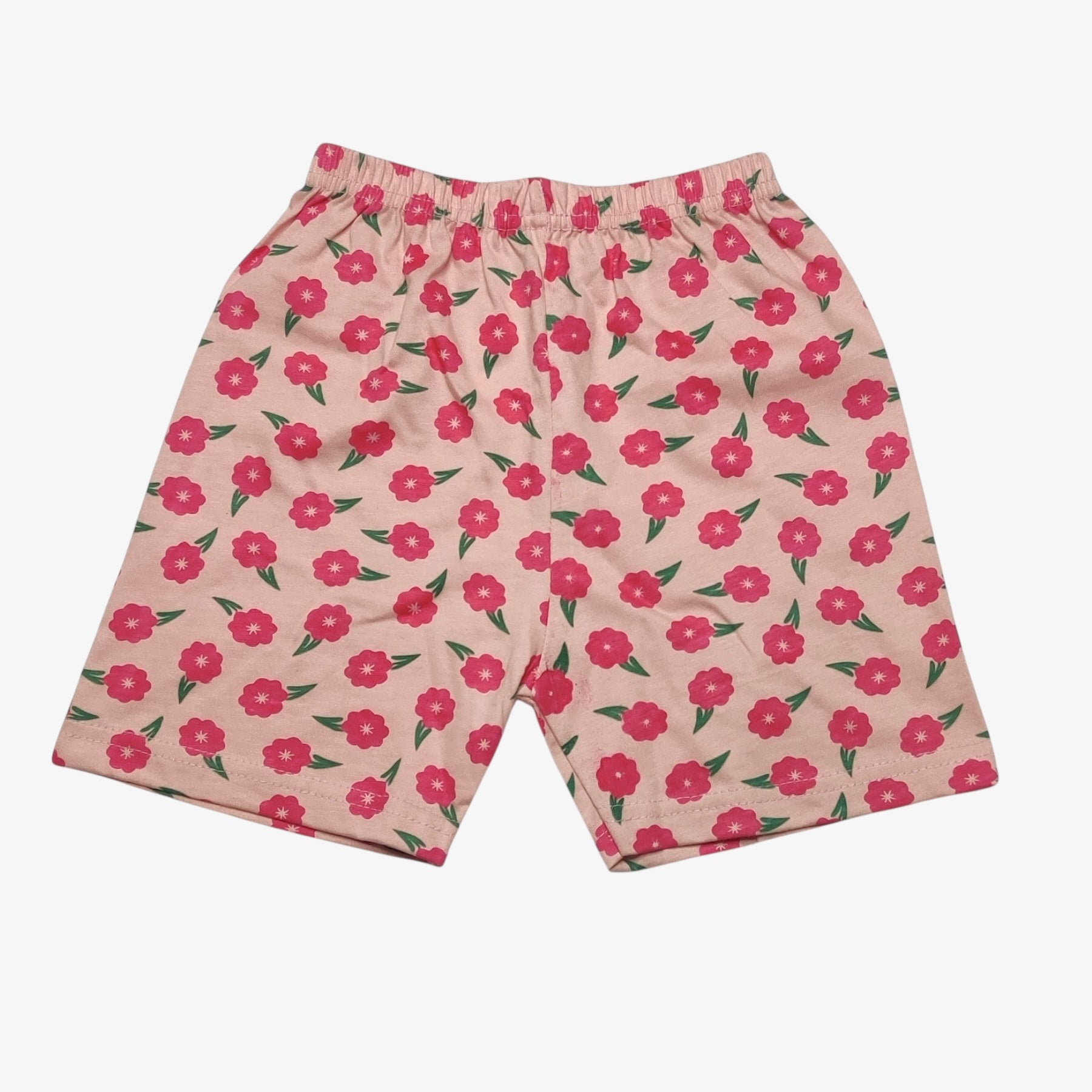 Coral blush baby shorts with printed floral pattern