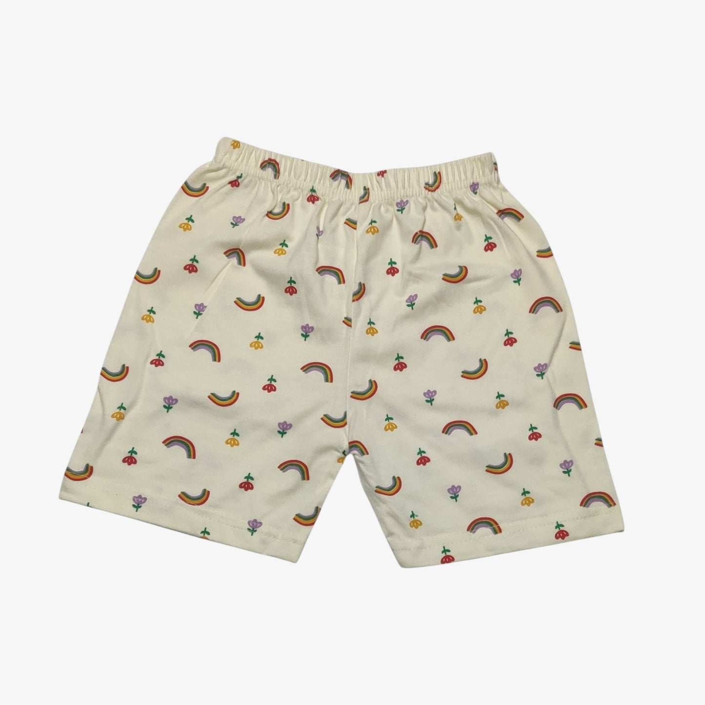 Cream beige baby shorts with printed rainbow and flower pattern