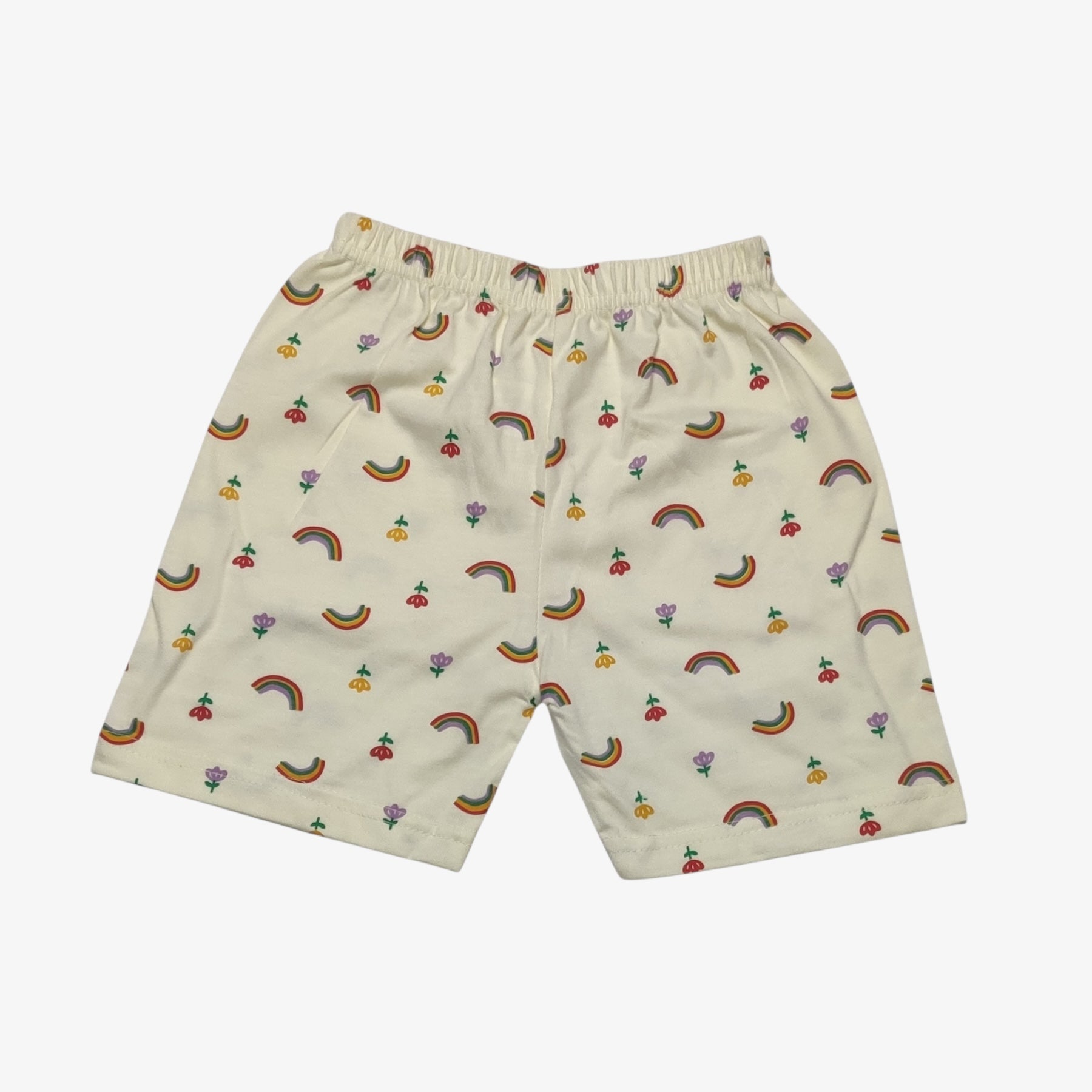 Cream beige baby shorts with printed rainbow and flower pattern