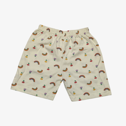 Cream beige baby shorts with printed rainbow and flower pattern