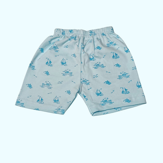 Ice blue baby shorts with printed boats
