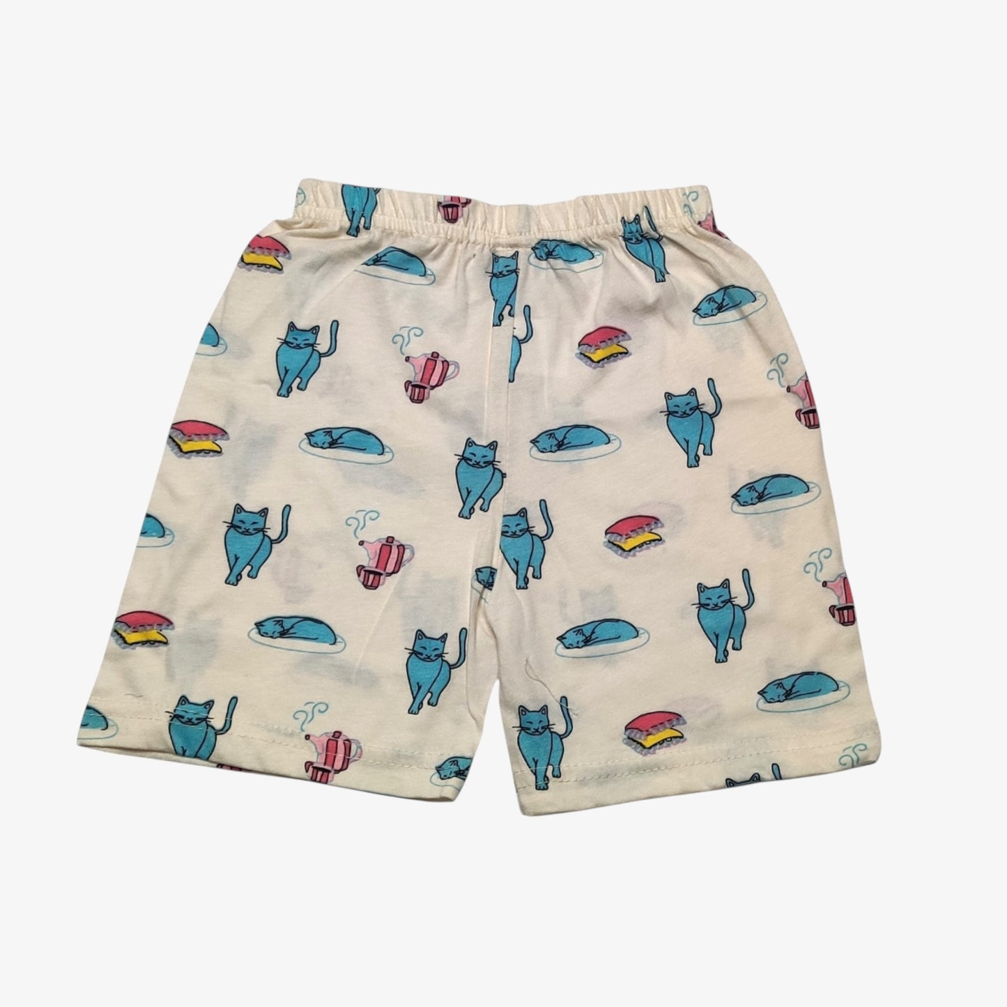 Off-white baby shorts with printed cat and snack design
