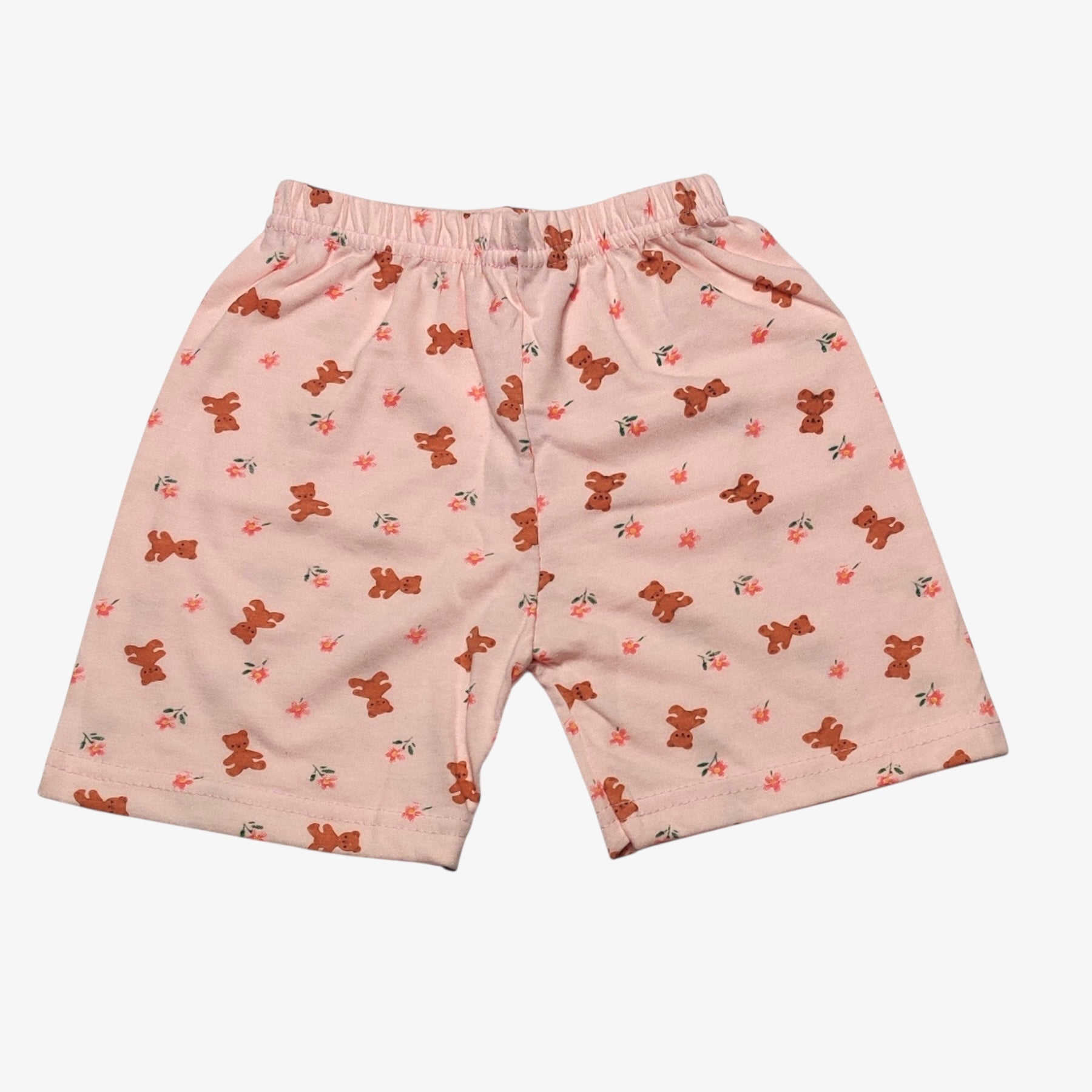 Pale pink baby shorts with printed teddy and flower design
