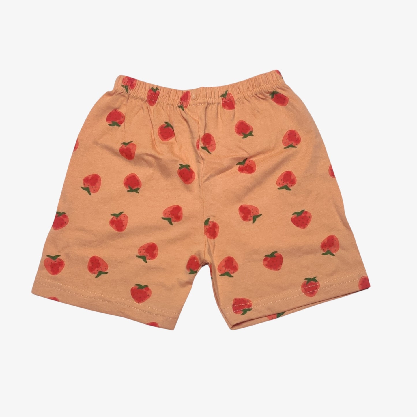 Peach tan baby shorts with printed strawberry pattern