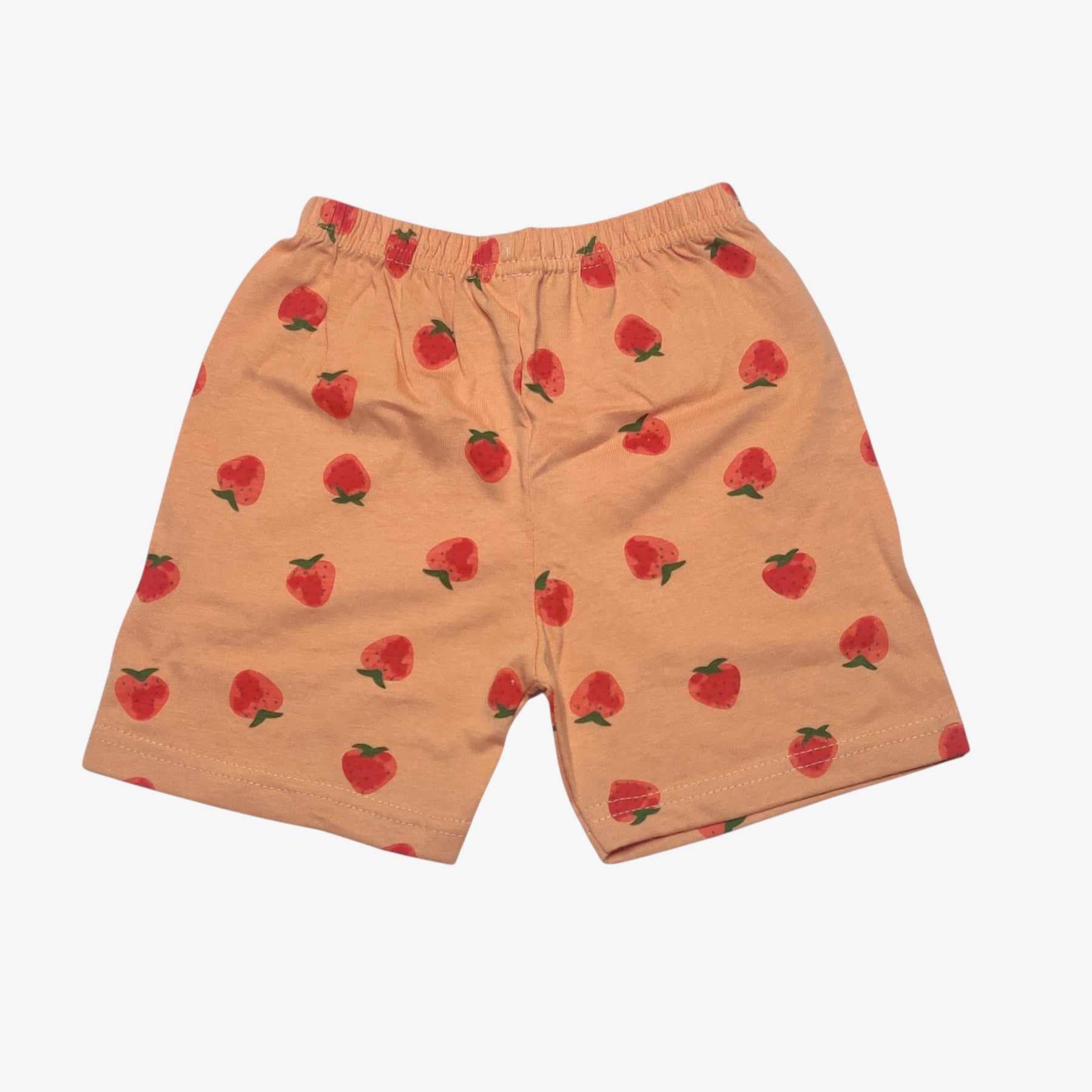 Peach tan baby shorts with printed strawberry pattern