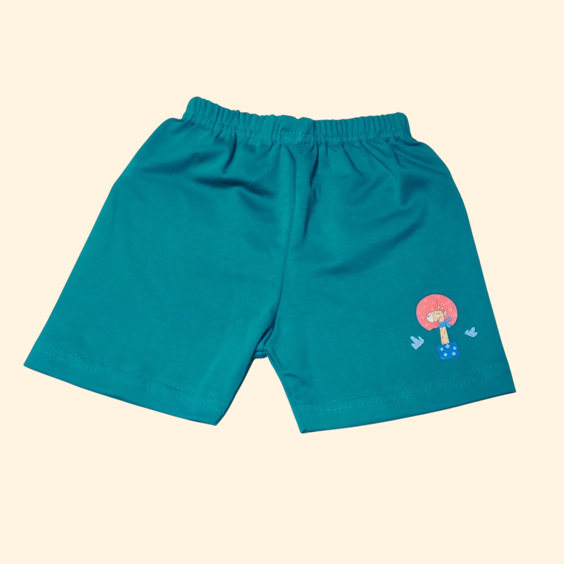 Peacock green baby shorts with printed design