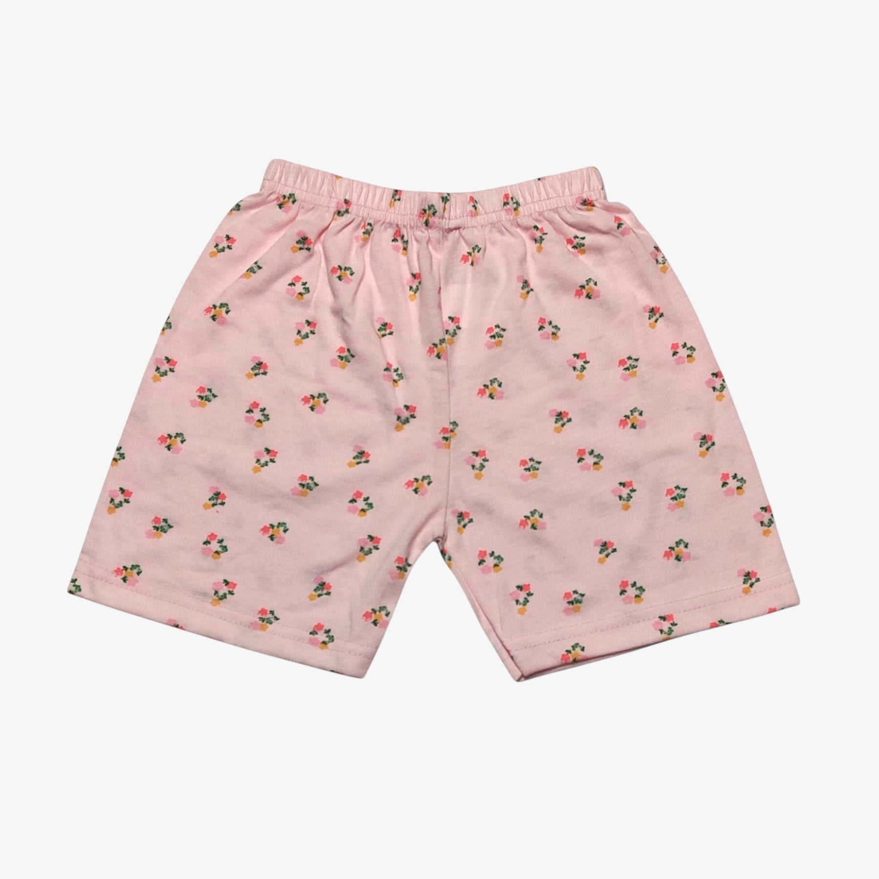 Pink bloom baby shorts with printed floral bouquet