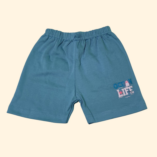 Stone blue baby shorts with printed ocean life text