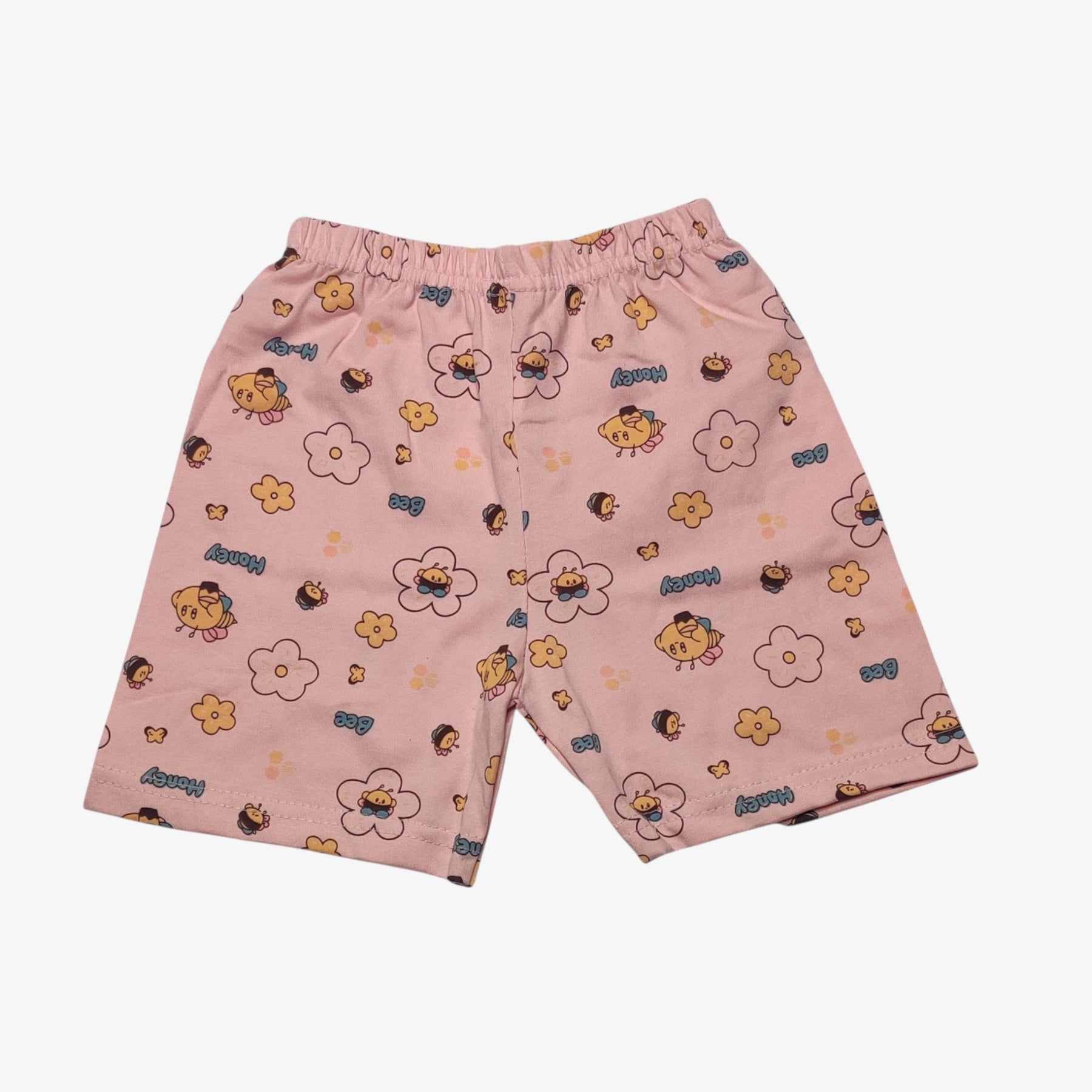 Warm rose baby shorts with printed bee and flower design