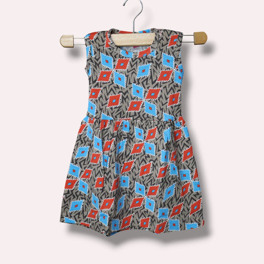 Multicolor baby sleeveless frock with geometric printed design