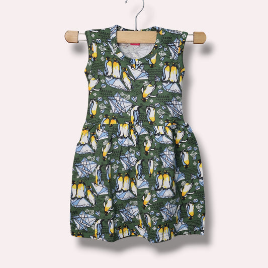Forest green baby sleeveless frock with penguin and geometric printed design