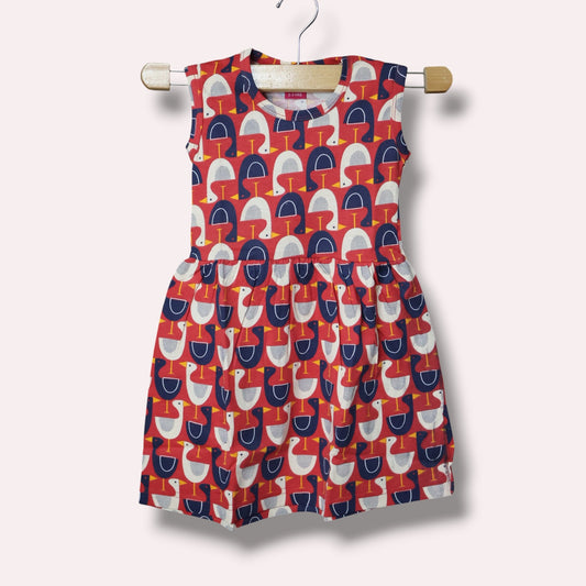 Red baby sleeveless frock with navy blue and white goose printed design