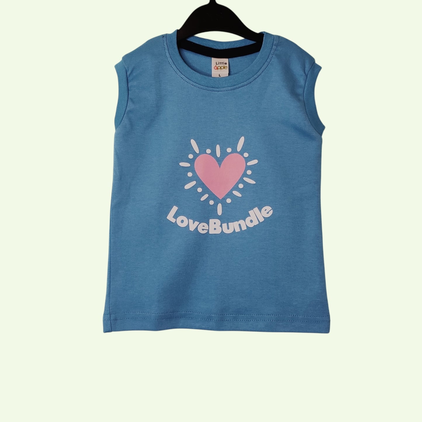 Denim blue baby sleeveless t-shirt with printed love bundle design