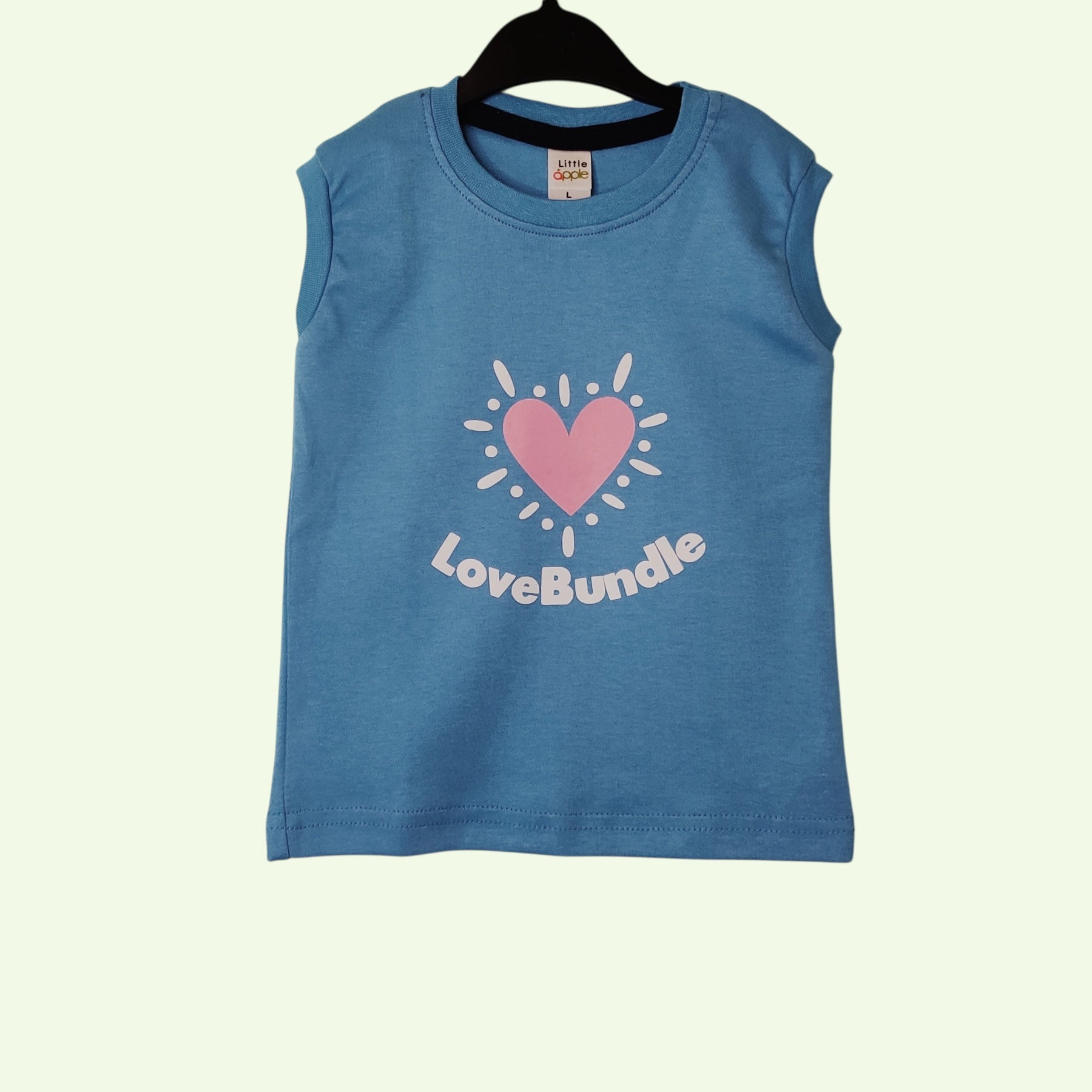 Denim blue baby sleeveless t-shirt with printed love bundle design