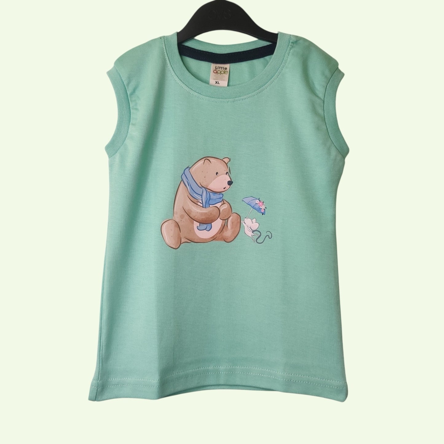 Turquoise baby sleeveless t-shirt with bear design