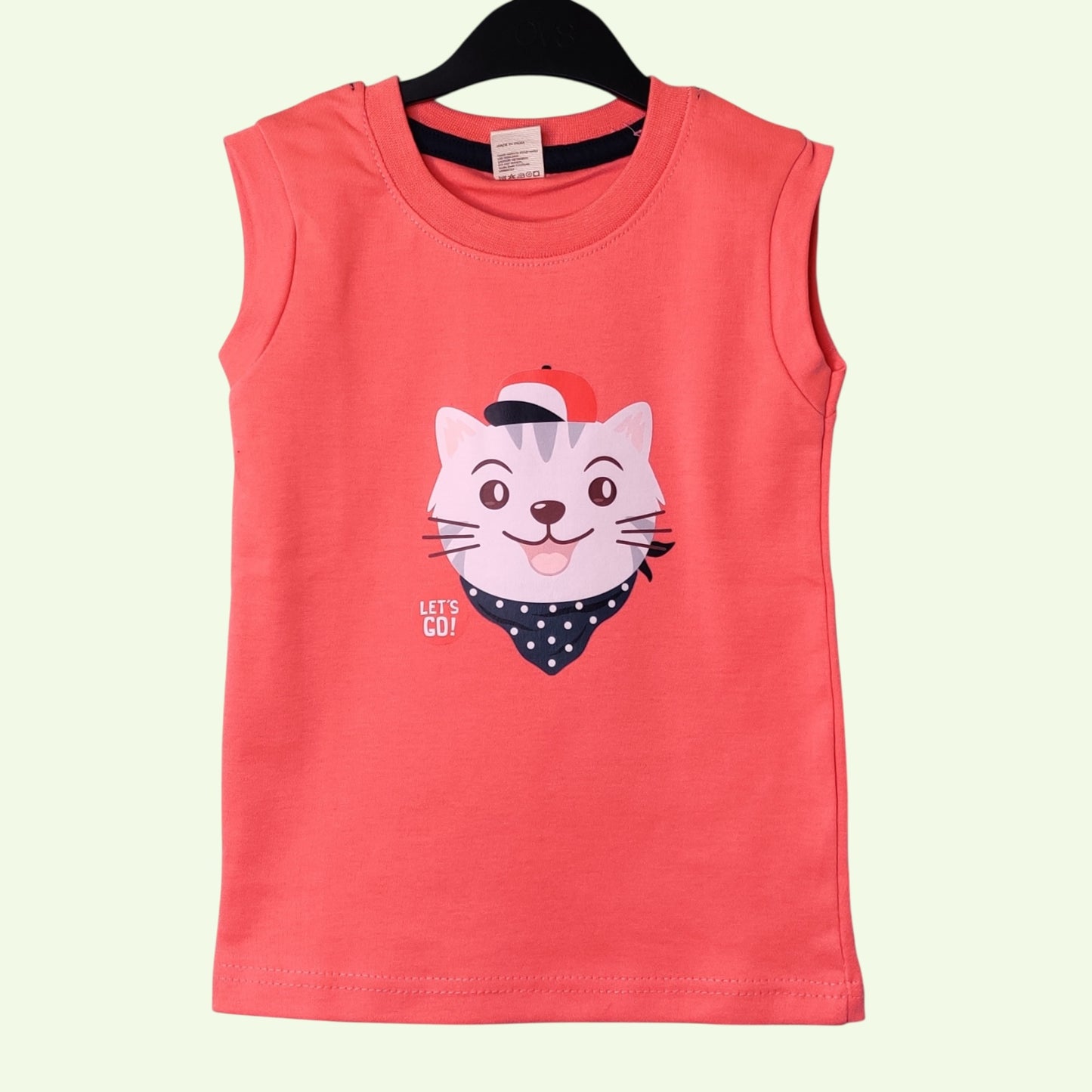 Coral red baby sleeveless t-shirt with printed let's go cat design
