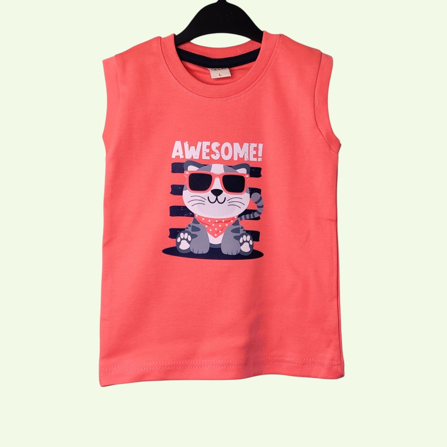 Coral red baby sleeveless t-shirt with printed awesome cat design