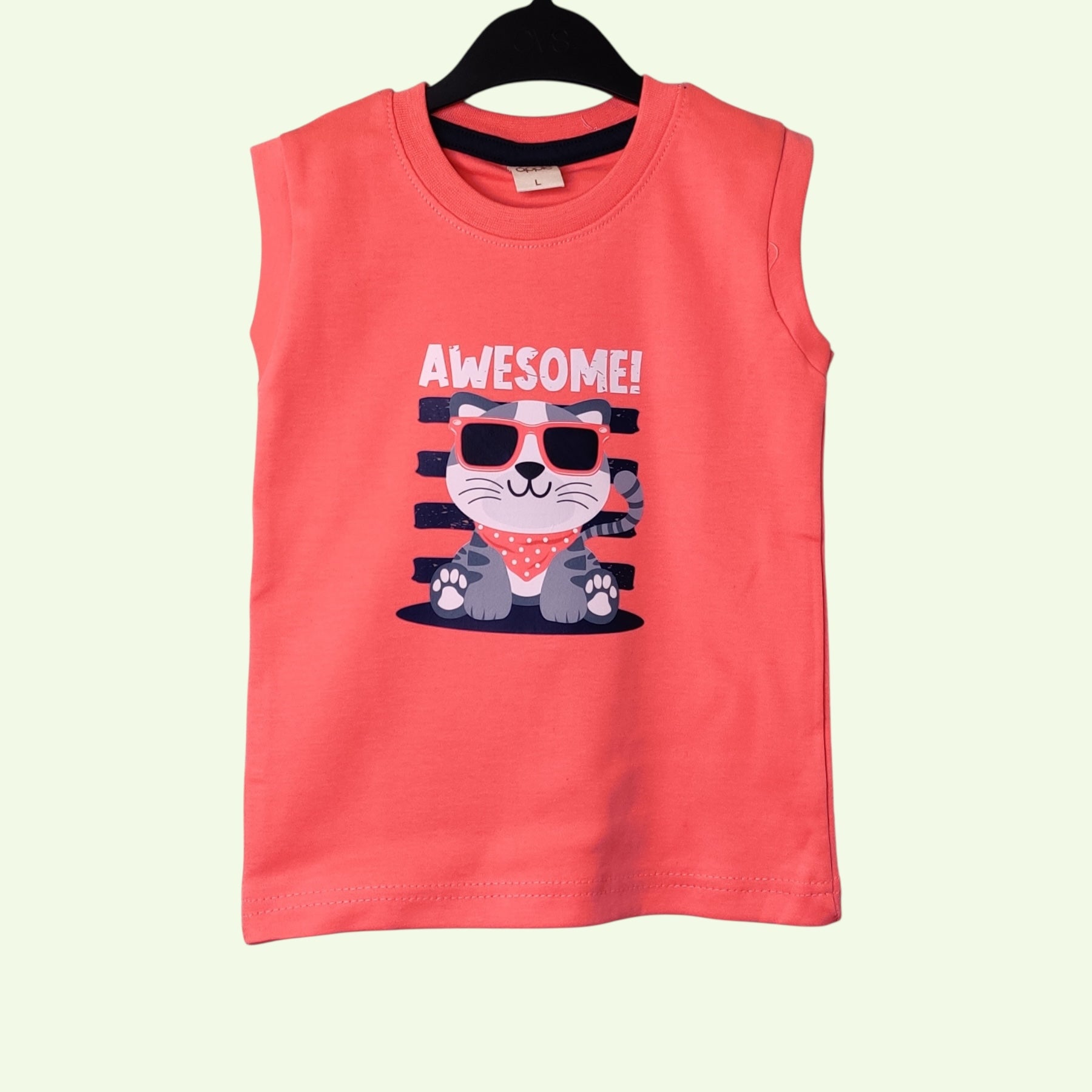 Coral red baby sleeveless t-shirt with printed awesome cat design