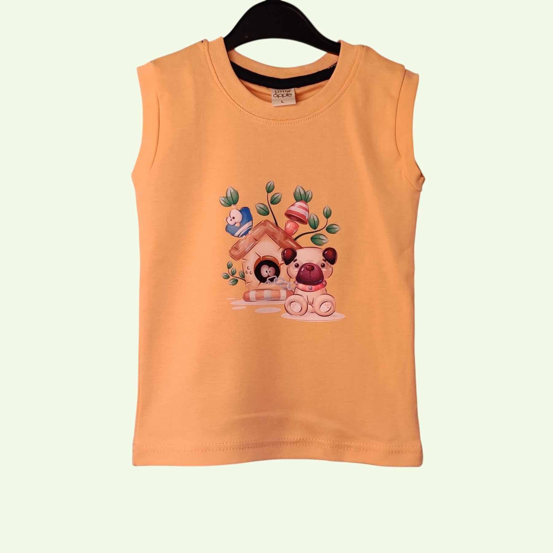 Fluorescent orange baby sleeveless t-shirt with printed bear and doghouse