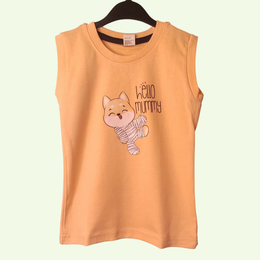 Fluorescent orange baby sleeveless t-shirt with a cartoon and 'Hello Mummy' text