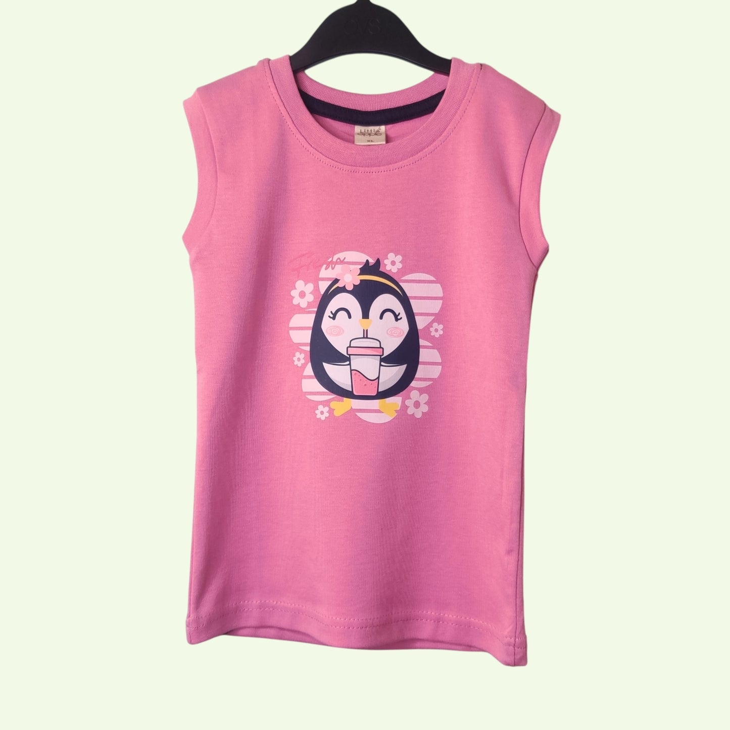 Orchid pink baby t-shirt with printed penguin and flowers design