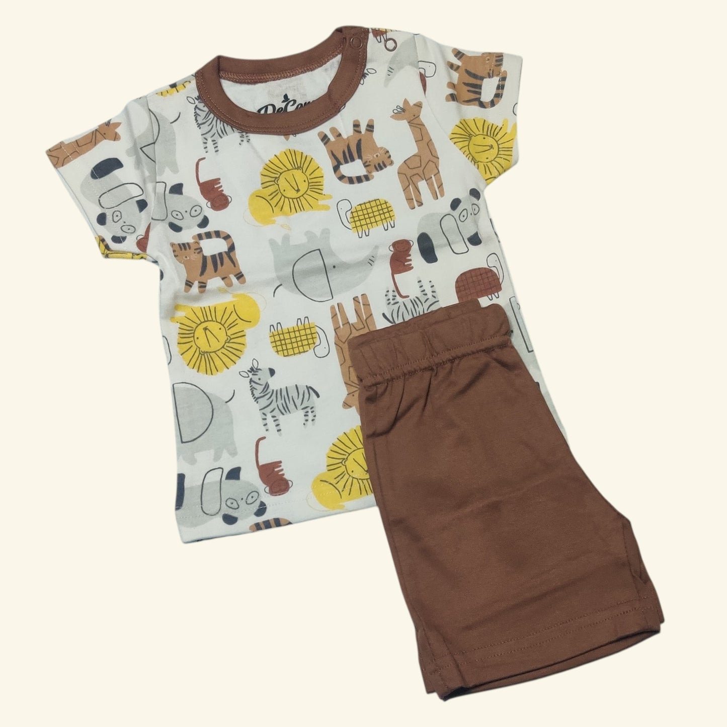 White animal printed baby boy t-shirt with cocoa brown shorts folded set view