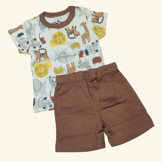 White animal printed baby boy t-shirt with cocoa brown shorts set front view