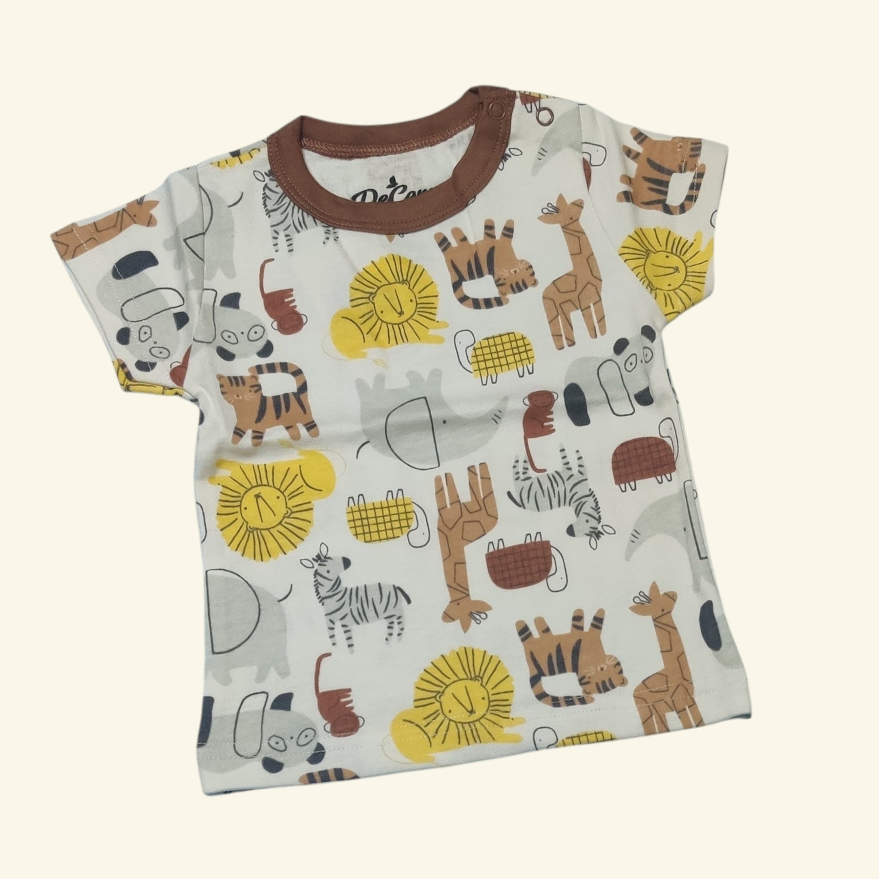 White baby boy t-shirt with brown neckline and animal print motifs front view