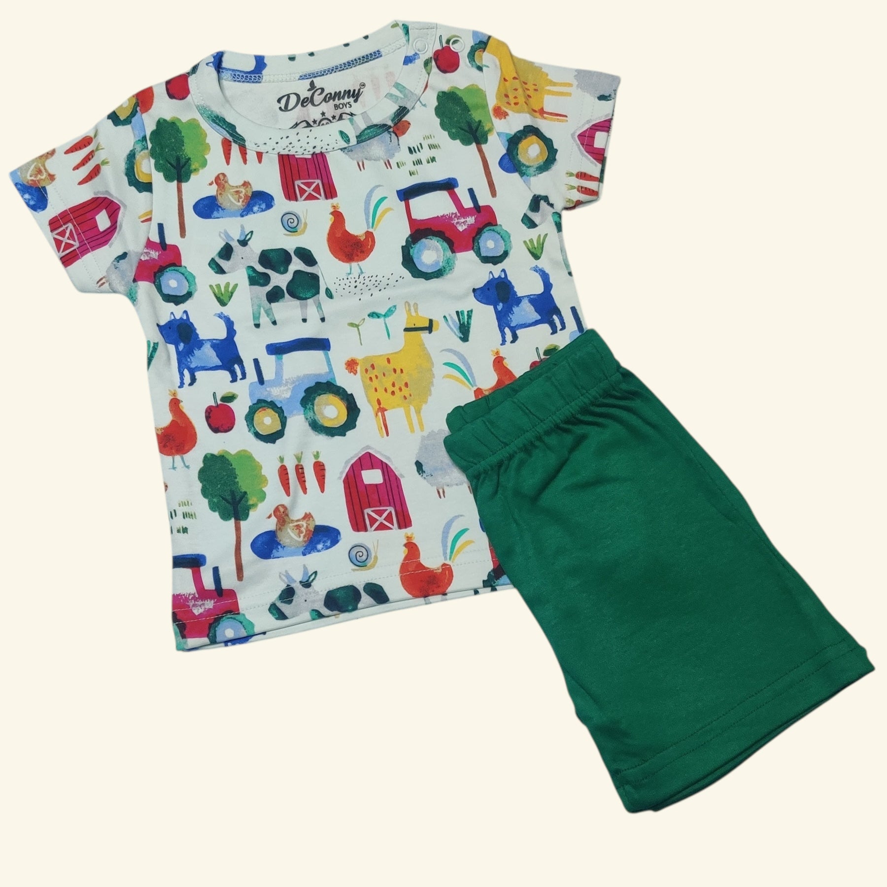 White farm printed baby boy t-shirt with leaf green shorts folded set view