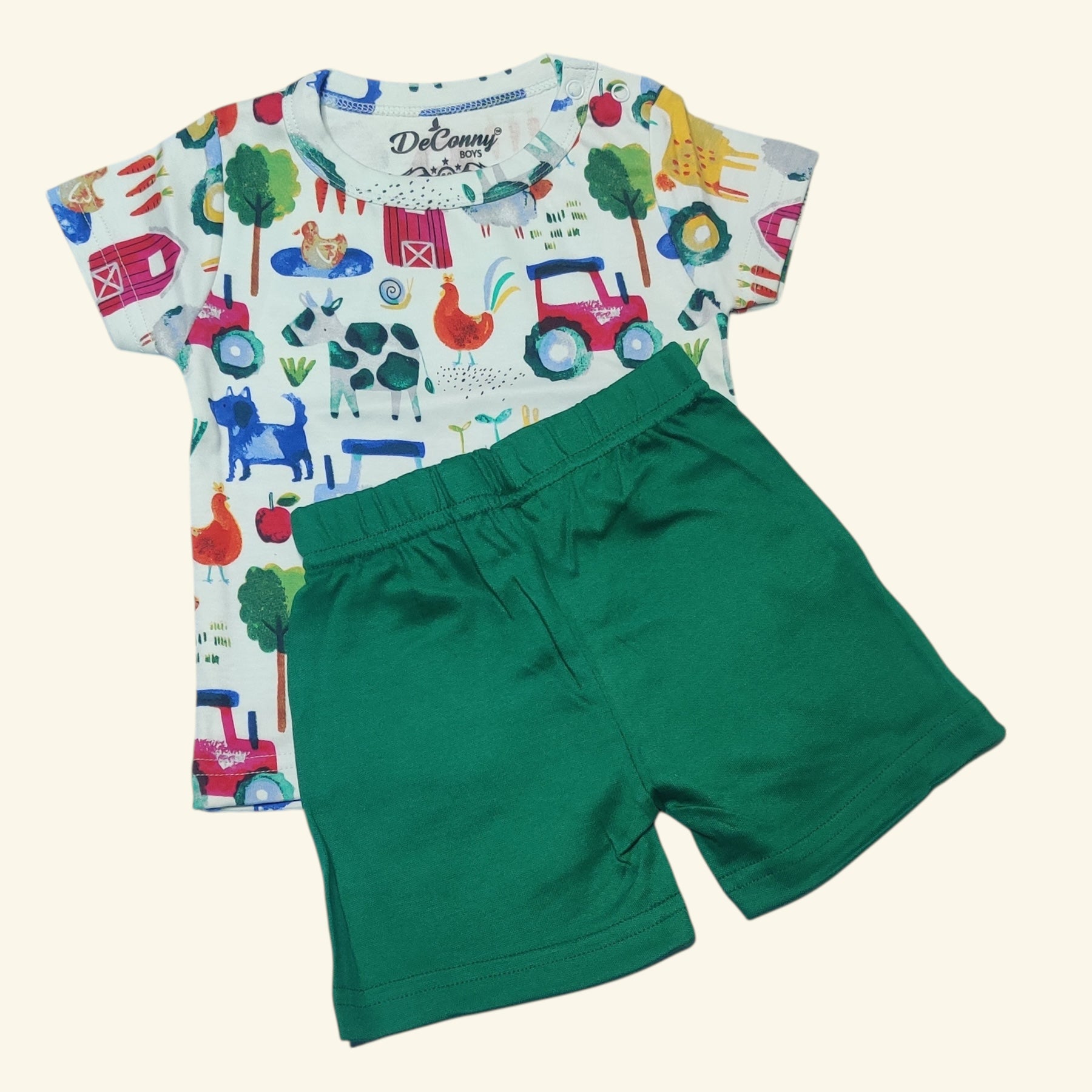 White farm printed baby boy t-shirt with leaf green shorts set front view