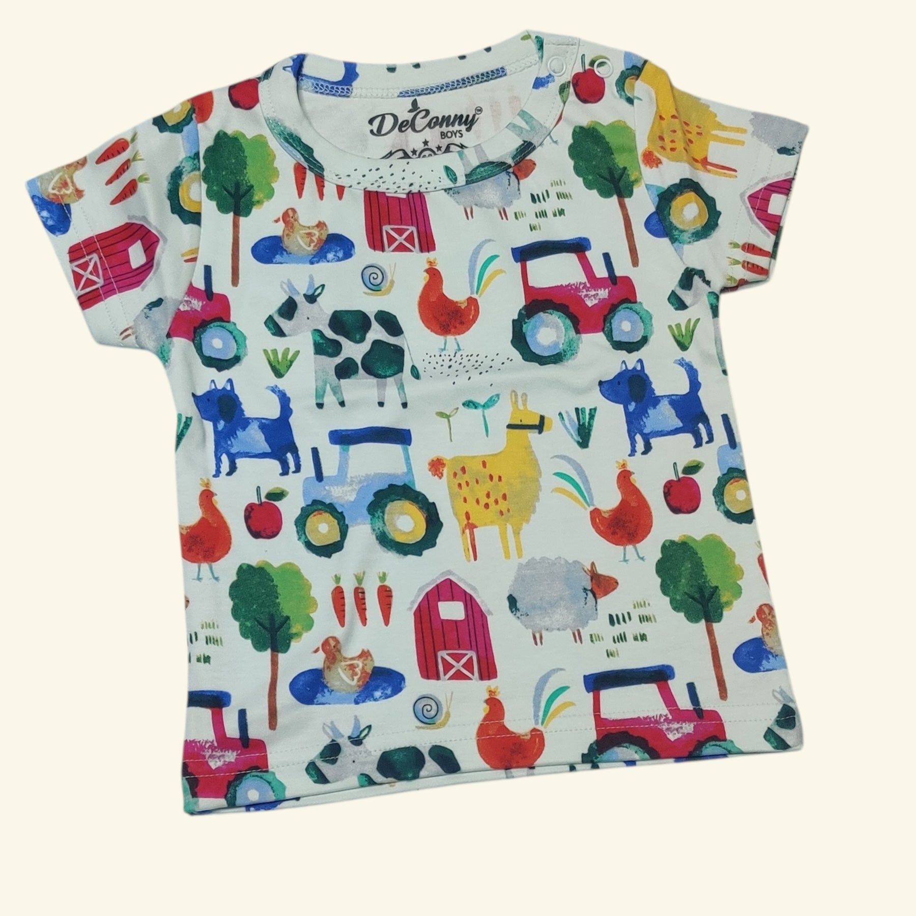 White baby boy t-shirt with colorful farm print motifs front view