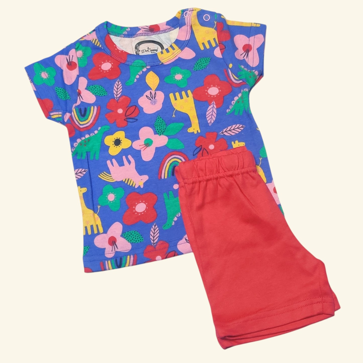 Lavender floral and animal printed baby girl t-shirt with cherry red shorts folded set view