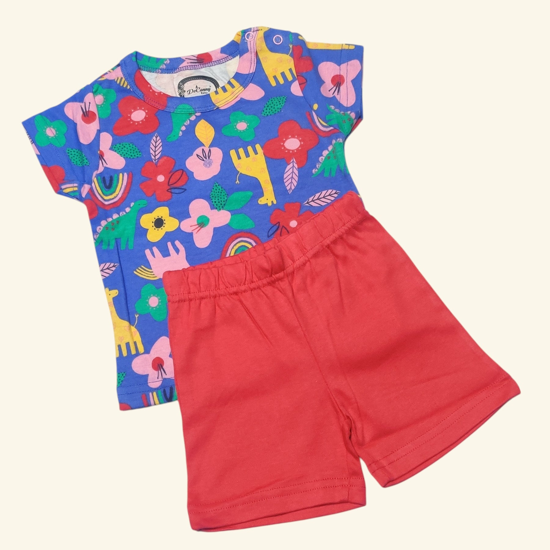 Lavender floral and animal printed baby girl t-shirt with cherry red shorts set front view