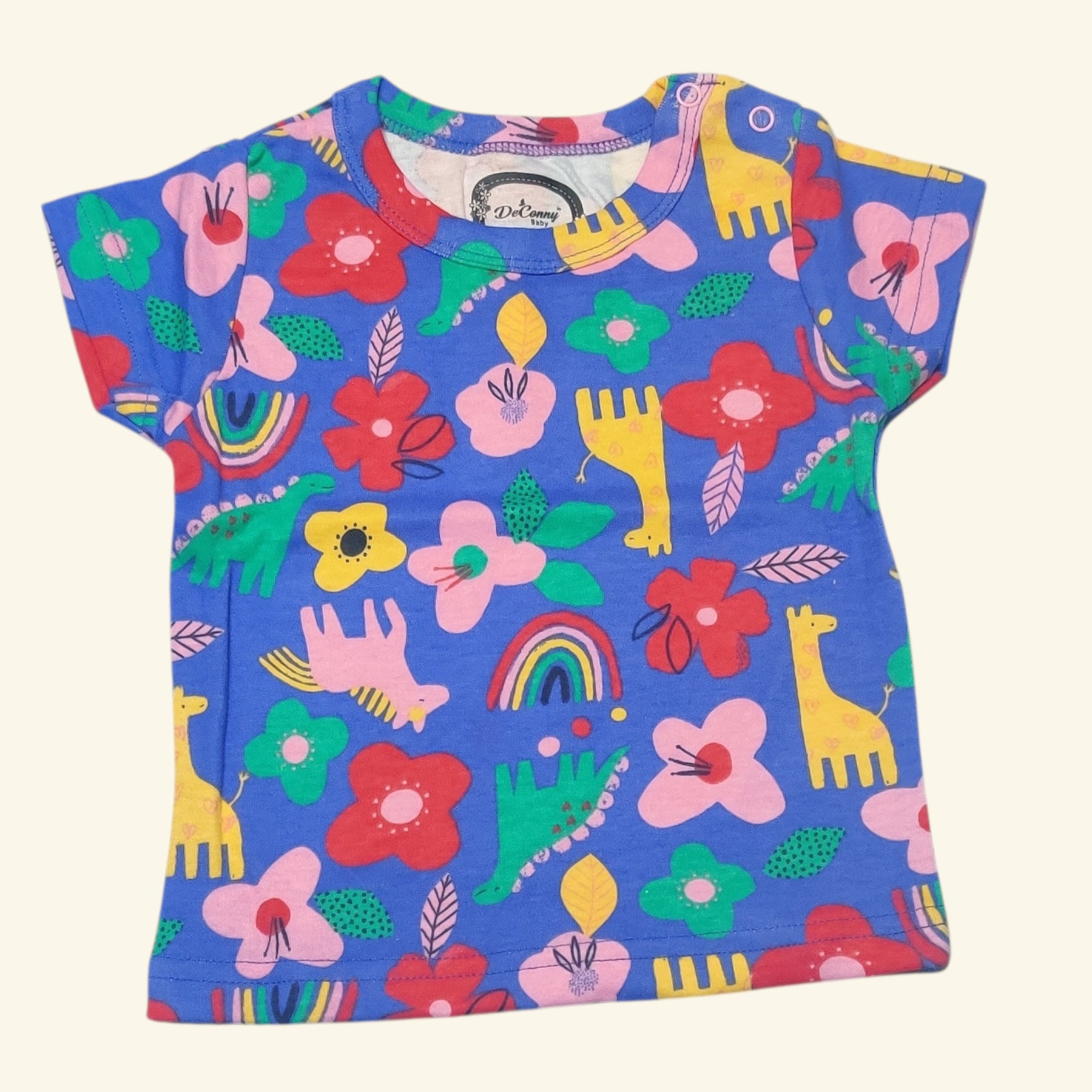 Lavender baby girl t-shirt with floral and animal print motifs front view
