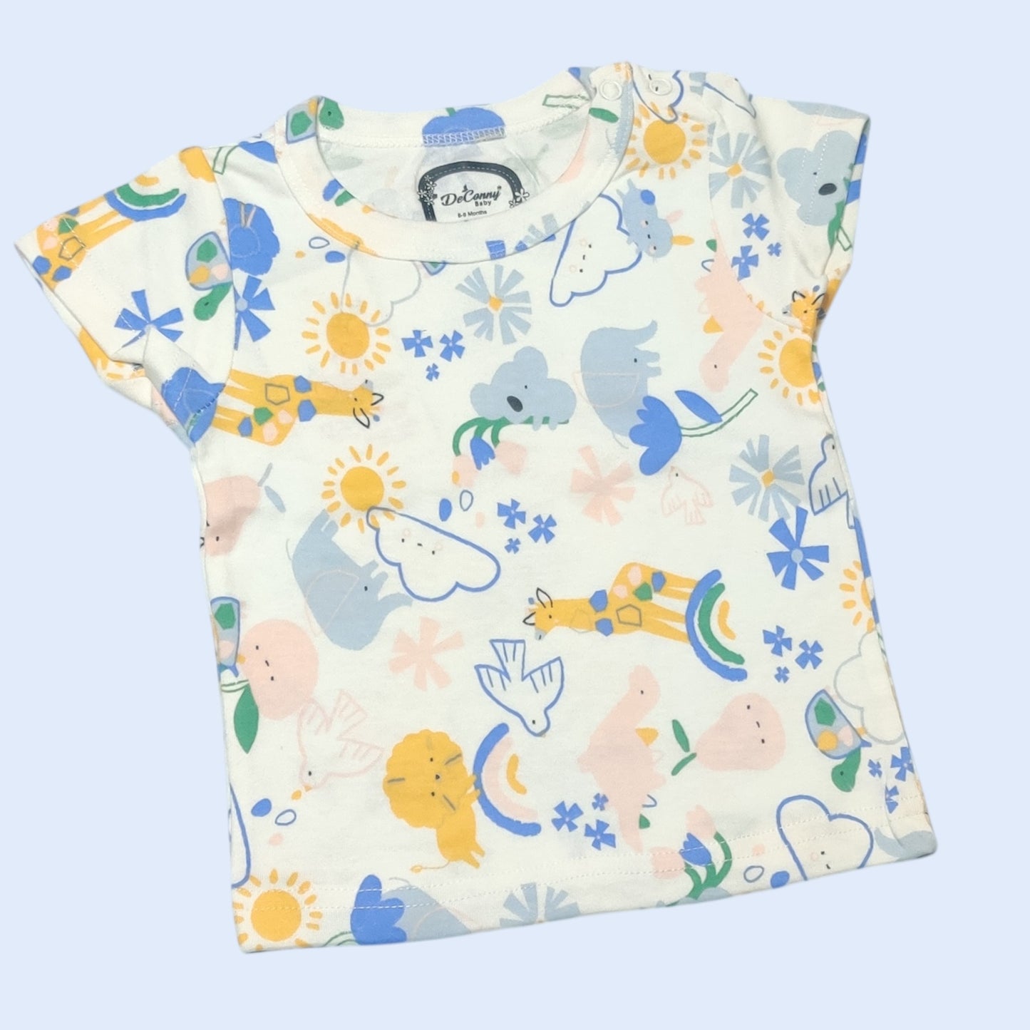 White baby girl t-shirt with pastel jungle animal motifs front view